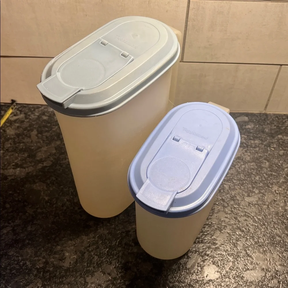 Set of Two Slim Line Plastic Storage pitchers with Blue Flip Lids by Tupperware